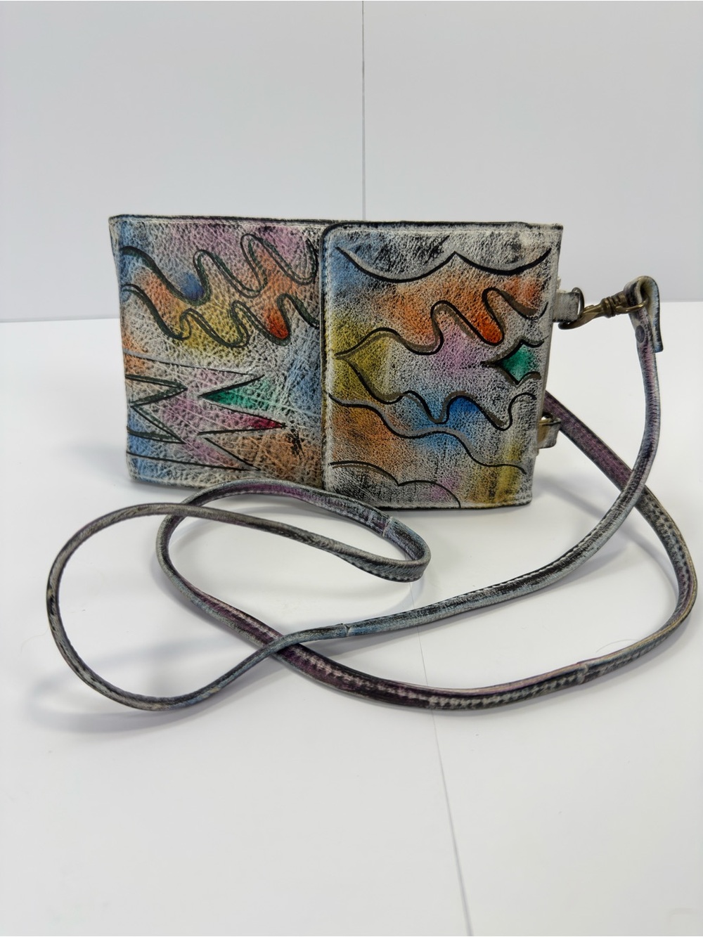 Vintage 80s Hand Painted Leather Crossbody Bag Abstract Wearable Art Organizer
